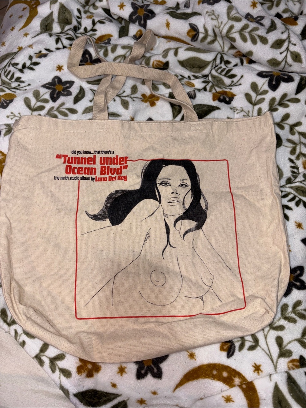 Natural Canvas Tote Bag with Red Graphic Print - Artist Illustration